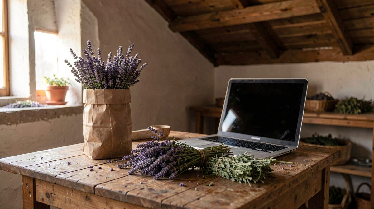 Et blødt oplyst værkstedsbord i tørreloftet med en åben laptop, bundter af tørret lavendel og merian i papirspose, sidste eftermiddagslys fra et lille vindue, tæt beskæring.