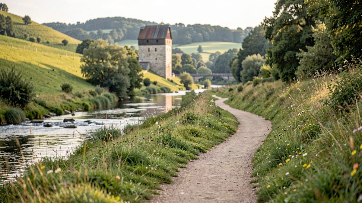 En smal vandresti langs floden Lieser i Eifel, med grønne bakker og gammel stenmølle i baggrunden, fotograferet i blødt morgenlys.