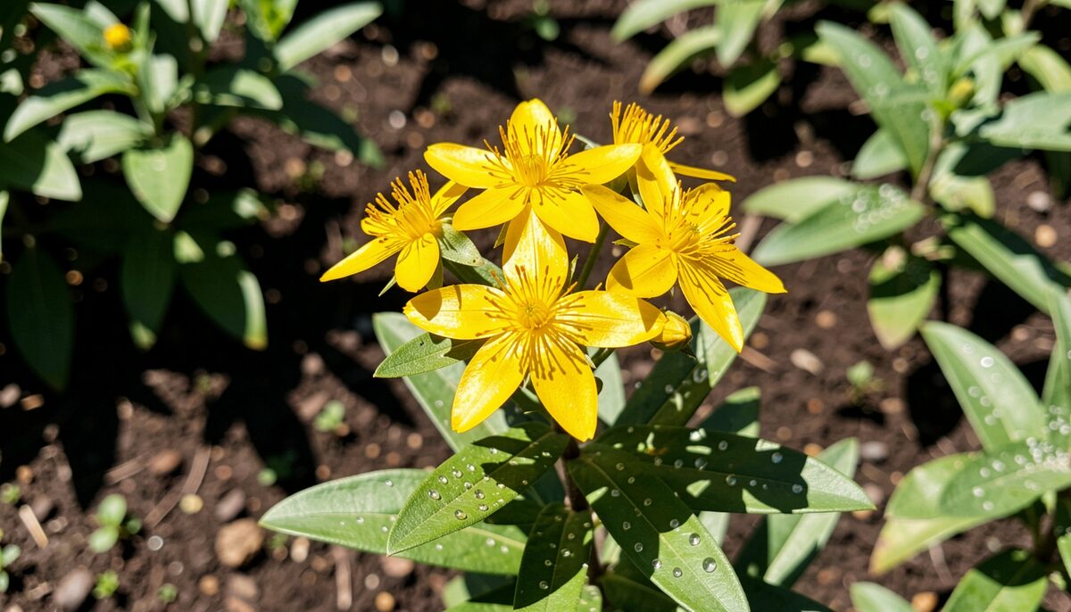 Gule perikonblomster med gennemlyste kronblade holdt op mod solen i et bed, bladene vist med de små lysgennemtrængende prikker.