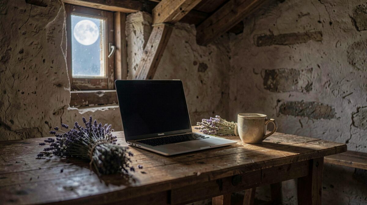 Et skrivebord i tørreloftet med en åben laptop, en kop te og en bund tørret lavendel i månelys fra det lille vindue.
