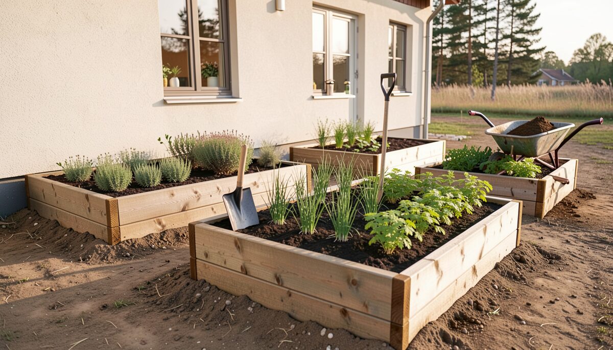To nye hævede træbede fyldt med frisk mørk muld ved den lyse facade af et nybygget hus, unge planter af timian, purløg og persille i rækker, en spade i jorden og en trillebør med kompost i morgenlys.