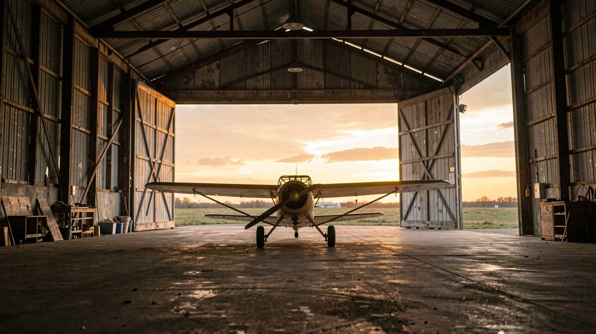 En gammel flyvehangar i aftenlys med åbne porte, hvor en lille historisk enmotors flyvemaskine står i silhuet mod den gyldne himmel, set indefra i lav vinkel