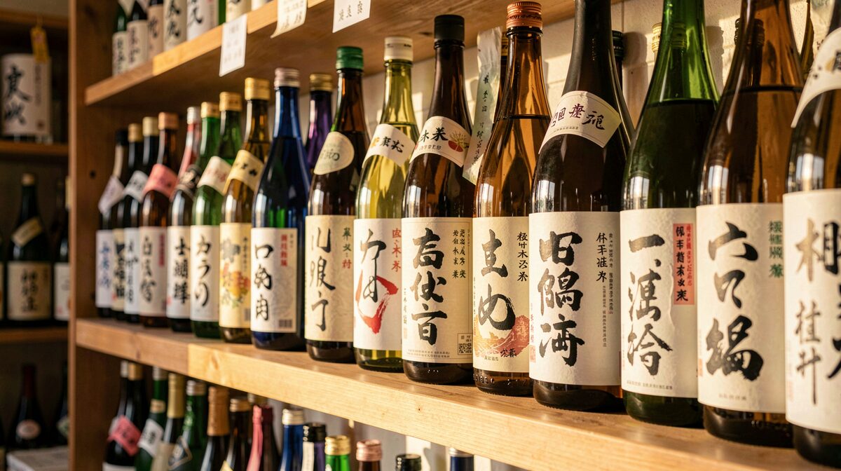 En hylde med japanske sakeflasker i varmt eftermiddagslys i en lille specialbutik, tæt beskæring på etiketterne.